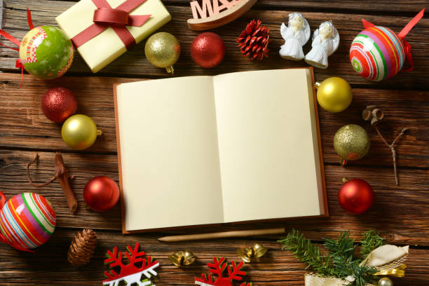istock open book with blank pages and Christmas decorations - closeup 1069690886