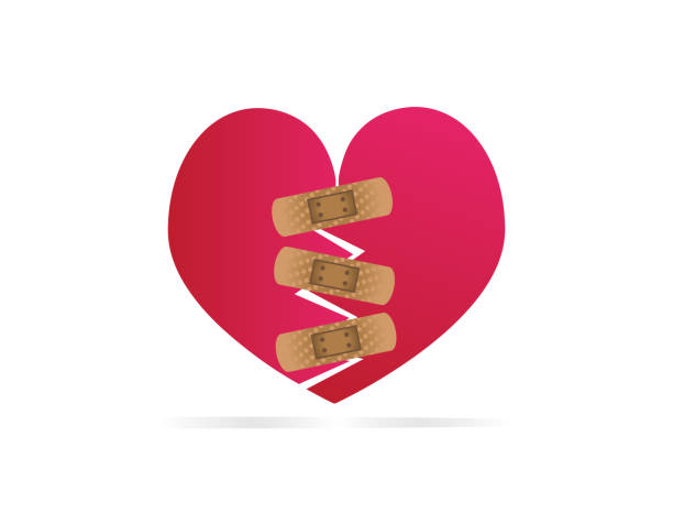 вектор разбитое красное сердце с торчащими штукатурками - relationship difficulties heart shape bandage adhesive bandage stock illustrations