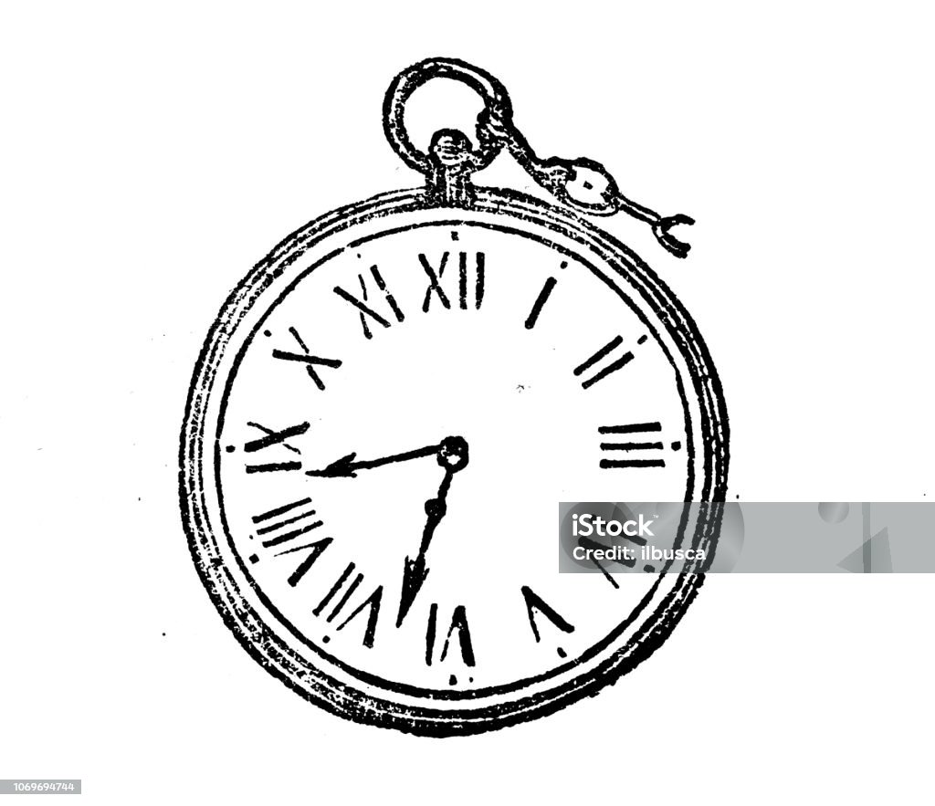 Antique engraving illustration: Pocket watch Clock stock illustration