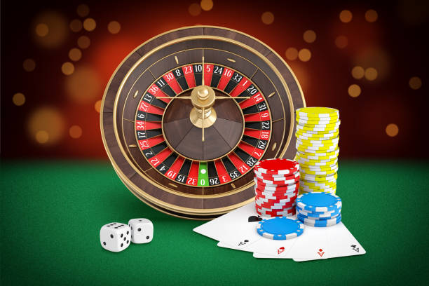 istock 3d rendering of casino roulette stands on a green felt table with cards, dice and chips placed nearby. 1069695064