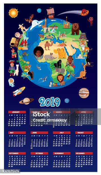 Cartoon Map Of World And Calendar 2019 Stock Illustration - Download Image Now - Child, Africa, December