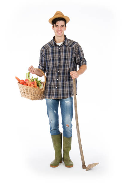 istock Young farmer with work tools and basket with vegetables and fruit 1069699988