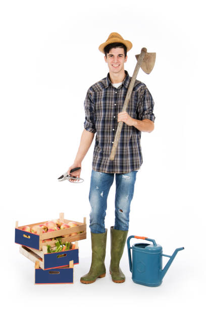 istock Young farmer with work tools and basket with vegetables and fruit 1069700022