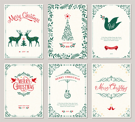 Ornate vertical winter holidays greeting cards with New Year tree, reindeers, Christmas Dove, typographic design, floral and swirl frames. Vector illustration.