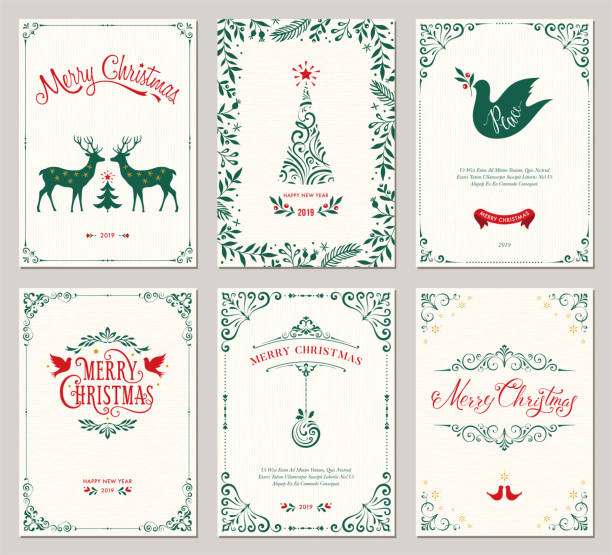Ornate Christmas Greeting Cards_04 Ornate vertical winter holidays greeting cards with New Year tree, reindeers, Christmas Dove, typographic design, floral and swirl frames. Vector illustration. christmas borders stock illustrations