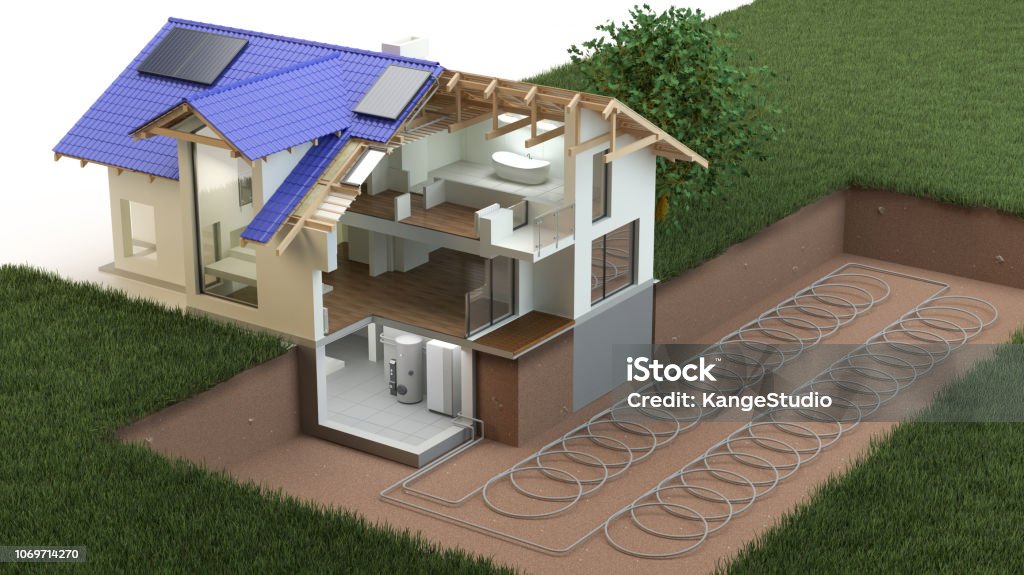 Heat pump, ground source model of house and heat pump system Heat - Temperature Stock Photo