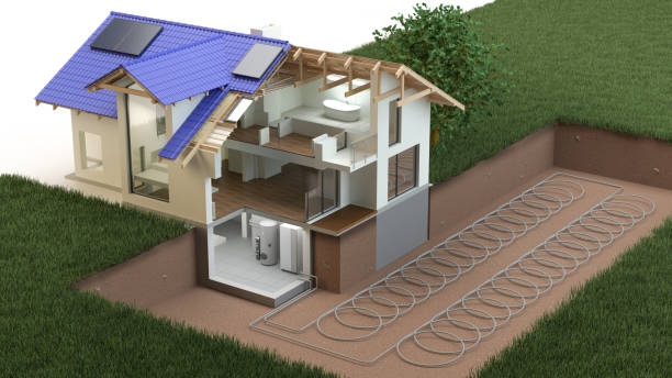 heat pump, ground source - solar panel solar power station solar energy solar equipment imagens e fotografias de stock