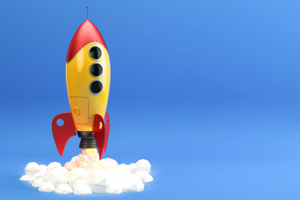 rocket launch illustration, blue background - toy spaceship inspiration ideas imagens e fotografias de stock