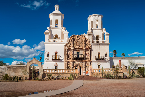 Stock photograph of the landmark, historic Mission San Xavier del Bac Church in Tucson Arizona USa on a sunny day