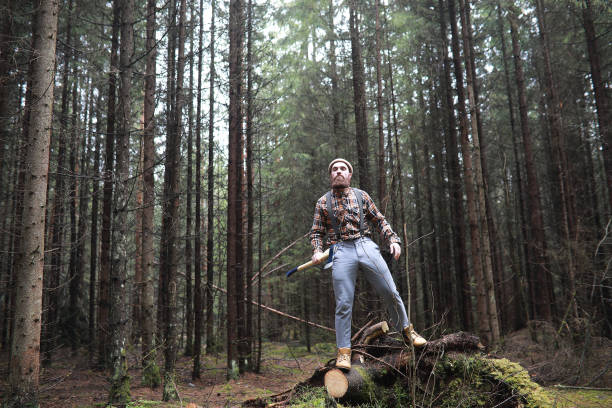istock A bearded lumberjack with a large ax 1069717724