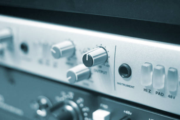 istock Recording studio audio computer editing mixing program sound controls for music and voice production. 1069718258