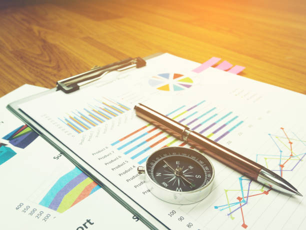 istock Business report chart and Financial graph analysis with pen and compass on table 1069719324