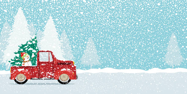 bildbanksillustrationer, clip art samt tecknat material och ikoner med julkort design av xmas tree och söt snögubbe på vintage bil lastbil med kopia utrymme vektorillustration - vinter väg bil