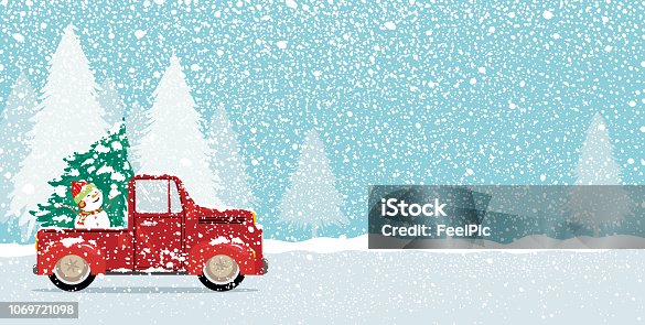 istock Christmas card design of xmas tree and cute snowman on vintage car truck with copy space vector illustration 1069721098