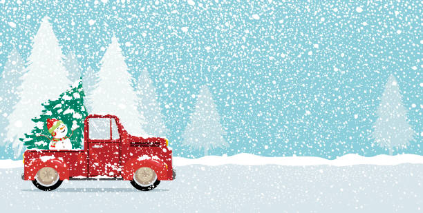 Christmas card design of xmas tree and cute snowman on vintage car truck with copy space vector illustration Christmas card design of xmas tree and cute snowman on vintage car truck with copy space vector illustration snow road stock illustrations