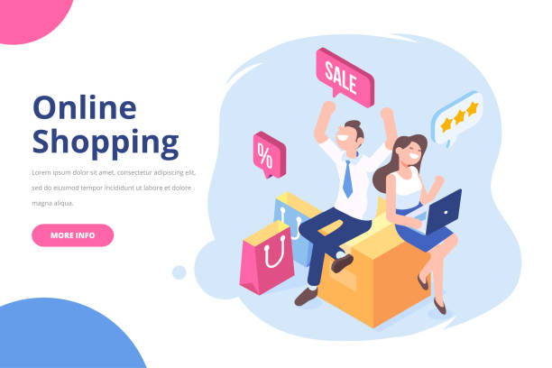 Couple sitting on box among colorful shopping bags and making online shopping. Big Sale. Flat isometric vector illustration isolated on white. oman cartoon stock illustrations