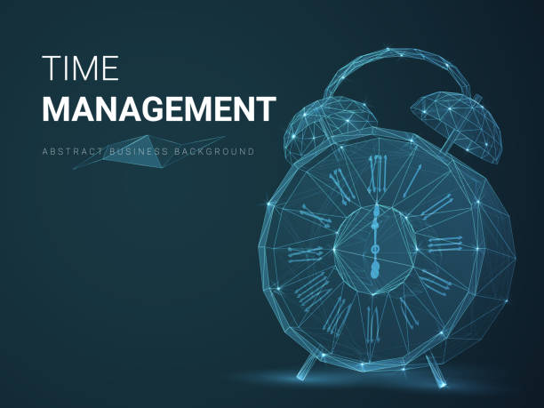 추상적인 현대 비즈니스 배경 벡터 별과 파란 배경에 빈티지 알람 시계의 모양에 라인으로 시간 관리를 묘사. - clock hand clock coding watch stock illustrations