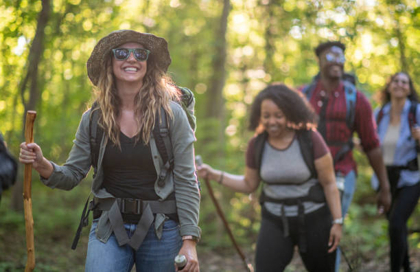 istock Smiling friends on a hike 1069734928