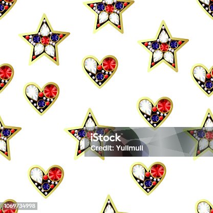istock Seamless pattern with golden Mexican sugar skulls. Vector illustration with jewellry. 1069734998