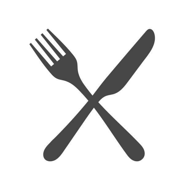 illustrazioni stock, clip art, cartoni animati e icone di tendenza di silhouette nera di forcella incrociata e vettore icona coltello isolato. - table knife silverware black fork