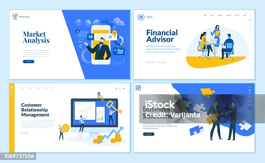 istock Set of flat design web page templates of market analysis, business solution, financial advisor, customer relationship management. 1069737556