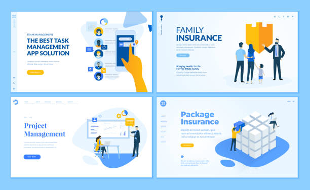 プロジェクト管理のタスク管理、保険、フラットなデザインの web ページ テンプレートのセットします。 - social media twitter marketing backgrounds点のイラスト素材／クリップアート素材／マンガ素材／アイコン素材