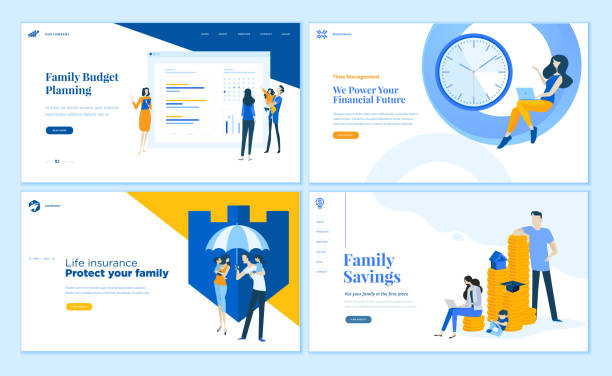 aile tasarruf, bütçe planlama, hayat sigortası, zaman yönetimi düz tasarım web sayfası şablonları kümesi. - birikimler illüstrasyonlar stock illustrations
