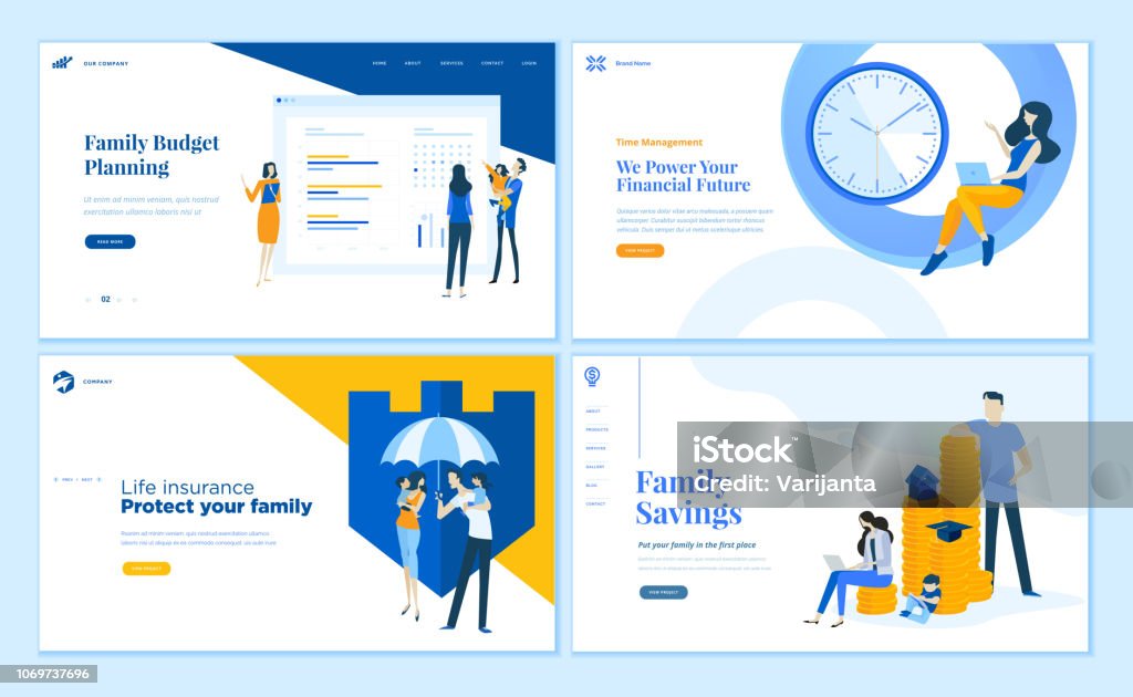 Set of flat design web page templates of family savings, budget planning, life insurance, time management. Modern vector illustration concepts for website and mobile website development. Life Insurance stock vector