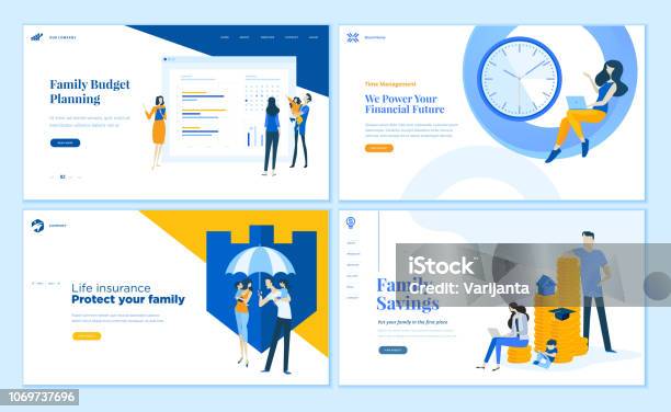 Set Of Flat Design Web Page Templates Of Family Savings Budget Planning Life Insurance Time Management Stock Illustration - Download Image Now