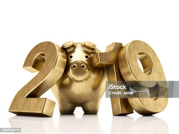 Numeri Golden Pig 2019 Concetto Di Capodanno - Fotografie stock e altre immagini di 2019 - 2019, Valuta, Dorato - Colore descrittivo