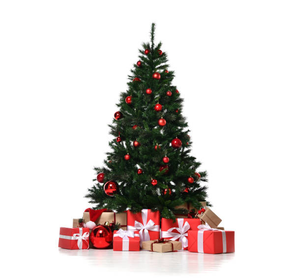 istock Christmas tree decorated with red patchwork ornament artificial balls craft presents for new year 2019 1069744358