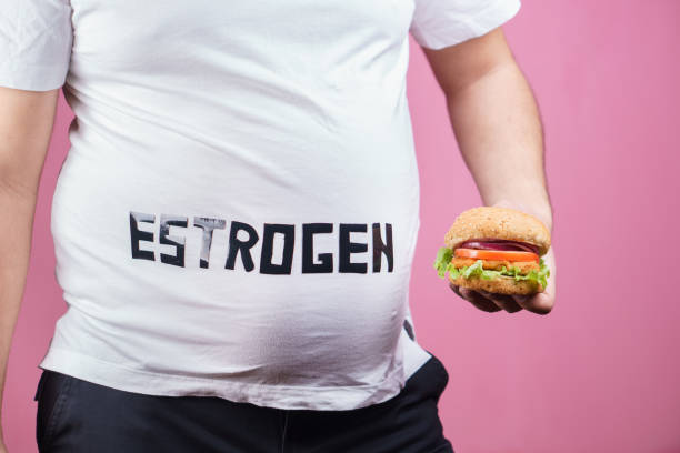 squilibrio ormonale. uomo in sovrappeso con fast food - abdomen addiction adult alcohol foto e immagini stock