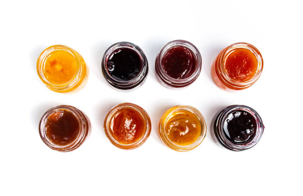 다양 한 과일 잼 항아리에 톱 보기 - gelatin dessert orange fruit marmalade 뉴스 사진 이미지