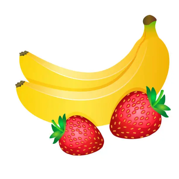Vector illustration of Two yellow bananas and red strawberries isolated on white background.