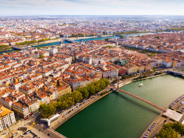 Aerial view of Lyon Aerial view of residential areas of third largest French city of Lyon on banks of Rhone and Saone rivers lyon photos stock pictures, royalty-free photos & images