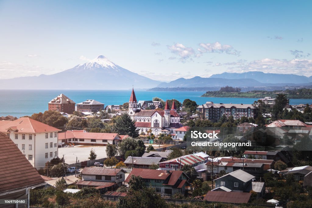 Aerial view of Puerto Varas with Sacred Heart Church and Osorno Volcano - Puerto Varas, Chile Puerto Varas Stock Photo