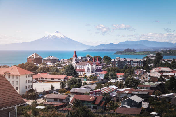 Aerial view of Puerto Varas with Sacred Heart Church and Osorno Volcano - Puerto Varas, Chile stock photo