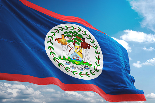 Belize flag waving cloudy sky background realistic 3d illustration