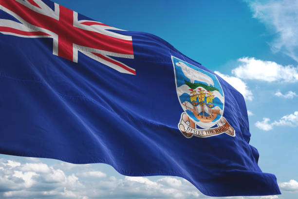 Falkland islands flag waving cloudy sky background Falkland islands flag waving cloudy sky background realistic 3d illustration falkland islands photos stock pictures, royalty-free photos & images