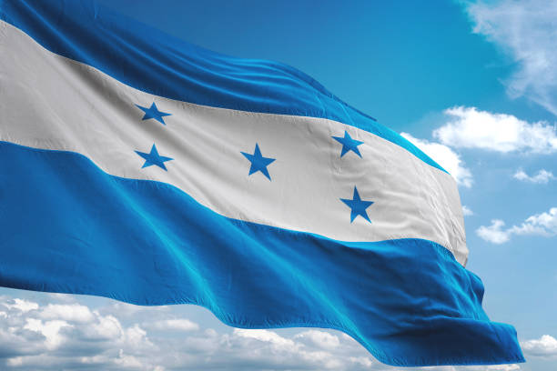 Fabric flag of Honduras. Crease of Honduran flag background, A horizontal triband of blue and white with five blue stars.