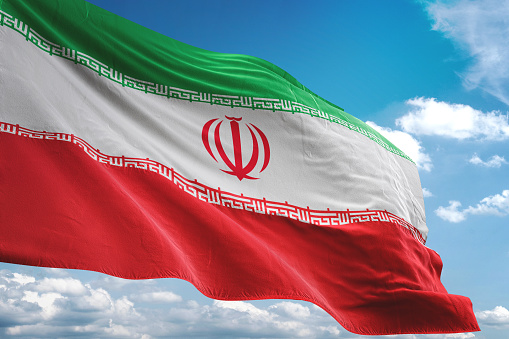 Iran flag waving cloudy sky background realistic 3d illustration