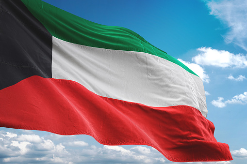 Kuwait flag waving cloudy sky background realistic 3d illustration