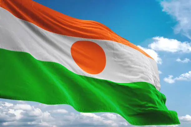 Niger flag waving cloudy sky background realistic 3d illustration