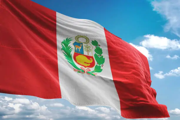 Peru flag waving cloudy sky background realistic 3d illustration