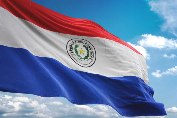 istock Paraguay flag waving cloudy sky background 1069756760