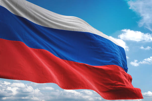 Russia flag waving cloudy sky background Russia flag waving cloudy sky background realistic 3d illustration russian flag stock pictures, royalty-free photos & images