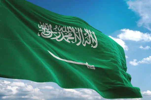 Saudi Arabia flag waving cloudy sky background realistic 3d illustration