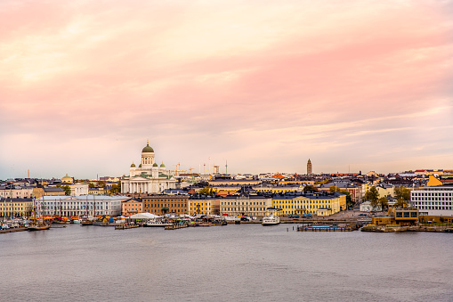Panoramic view of beautiful  helsinki city on the harbor. The Helsinki cathedral in background.