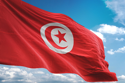 Tunisia flag waving cloudy sky background realistic 3d illustration