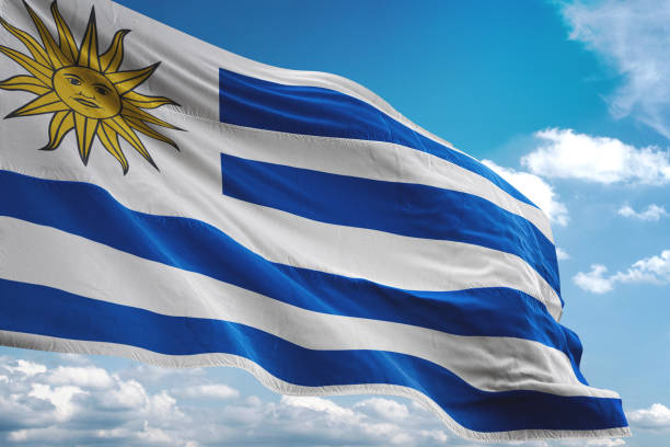 istock Uruguay flag waving cloudy sky background 1069761158